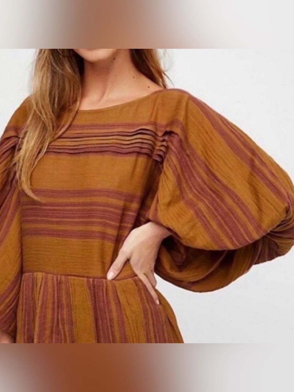 Free People Striped Balloon Sleeve Dress in Mustard and Maroon